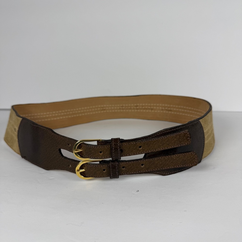 Morris Moskowitz Leather Double Buckle Belt Women's Size 30 Gold Tone Hardware